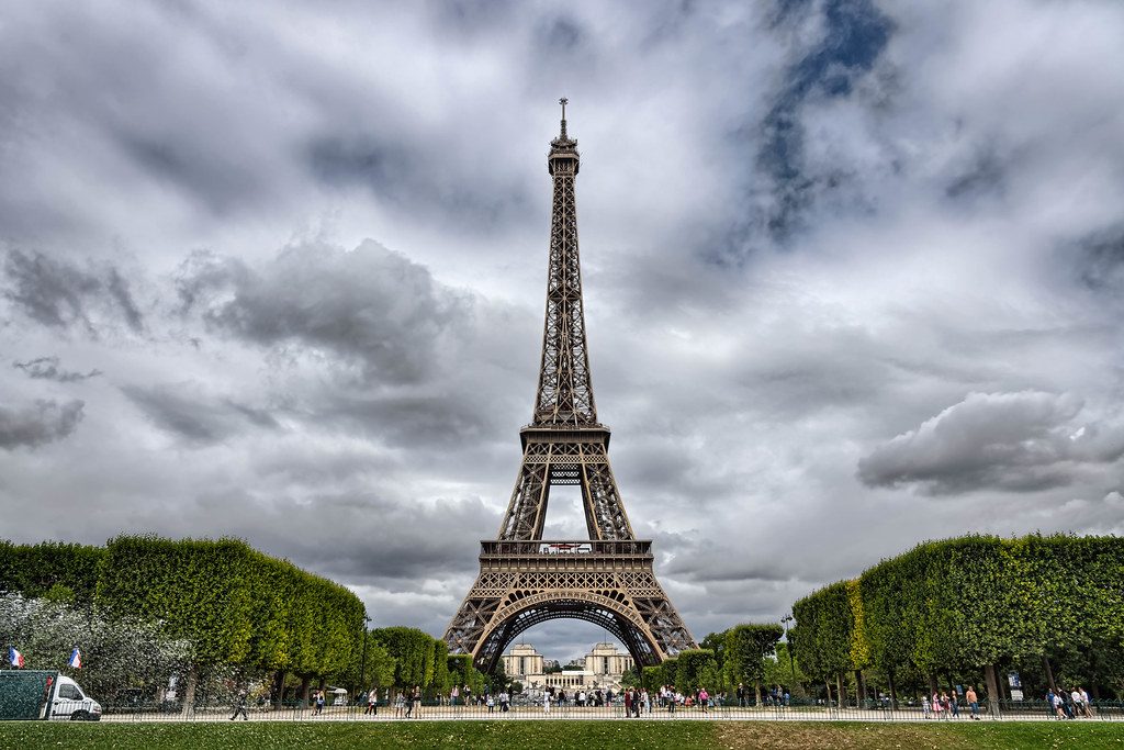 The Eiffel Tower seen across the lawns of the Champ de Mars in Paris.